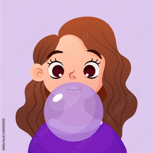 Girl with the flavor chewing cute cartoon bubble gum