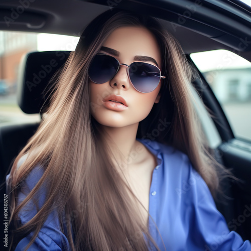 Portrait of beautiful sexy fashion woman model in sunglasses sitting in luxury car,  generative AI © innluga