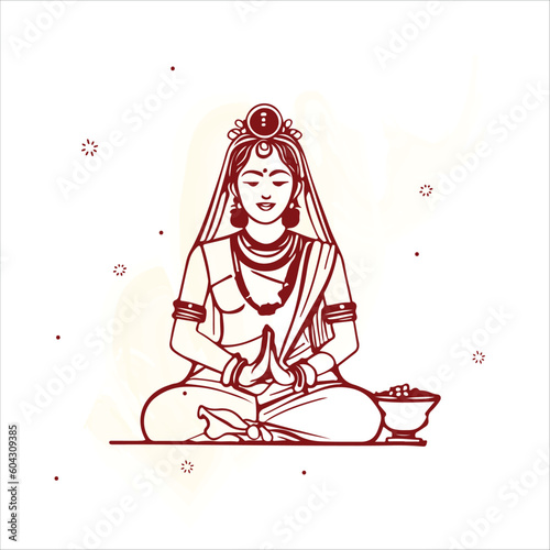 Indian Woman Doing puja line art vector 