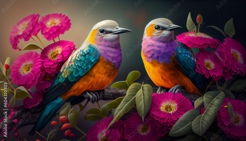 Two colorful birds sitting on some flowers, peaceful, lovely