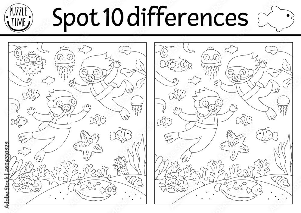 Find differences game for children. Black and white educational activity with cute divers, flatfish, sea landscape. Ocean life line puzzle for kids with boat. Underwater printable coloring page.