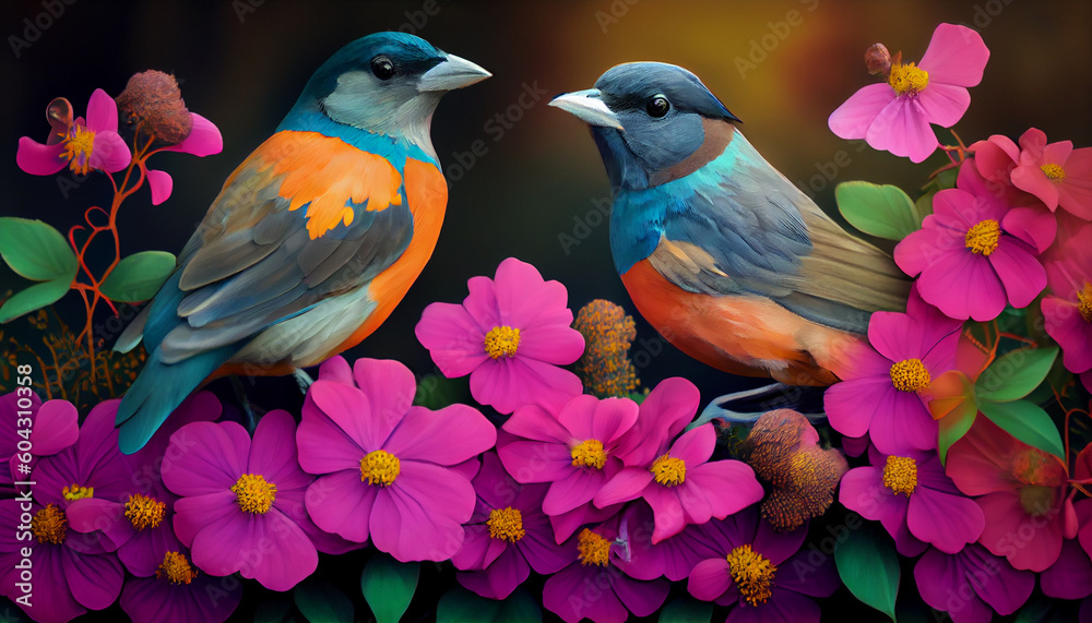 Two colorful birds sitting on some flowers, peaceful, lovely