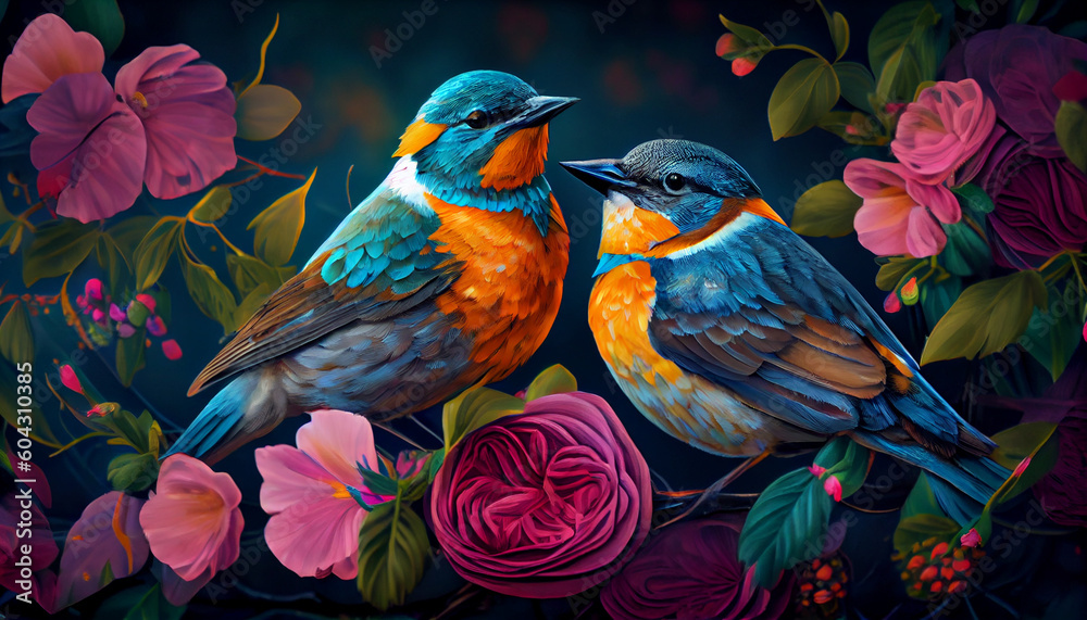 Fototapeta premium Two colorful birds sitting on some flowers, peaceful, lovely