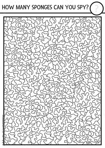 Vector black and white under the sea searching game with sponges. Spot hidden water animals. Simple ocean life seek and find printable activity or coloring page for kids. Visual attention quiz.