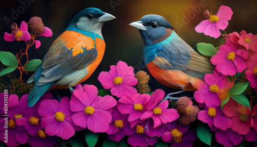 Two colorful birds sitting on some flowers, peaceful, lovely