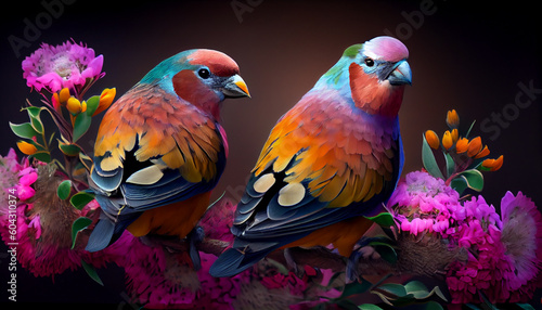 Two colorful birds sitting on some flowers, peaceful, lovely © 대연 김
