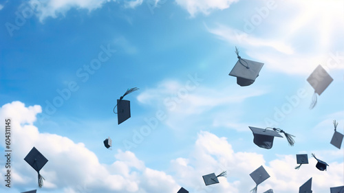 Graduation caps flying in the blue sky. Education concept. AI generated.