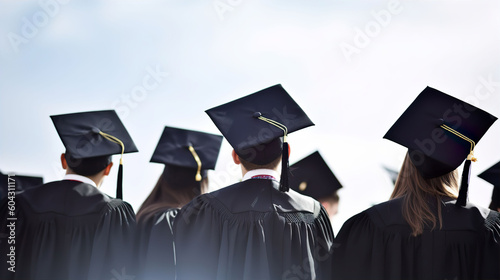 Back view of graduates in gowns and caps on graduation day against a blue sky background. A.I. generated.