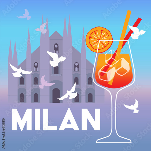 Milan Cathedral and a glass of spritz cocktail flat vector illustration