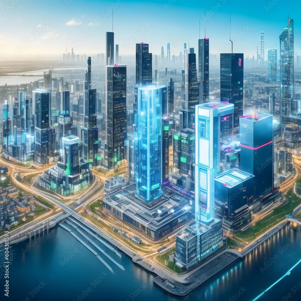Fototapeta premium photorealistic image depicting the system of digitalization processors in a smart city environment Generative AI illustrations.