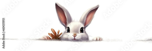 a rabbit peeking out a corner in white background, with copy space, generative ai