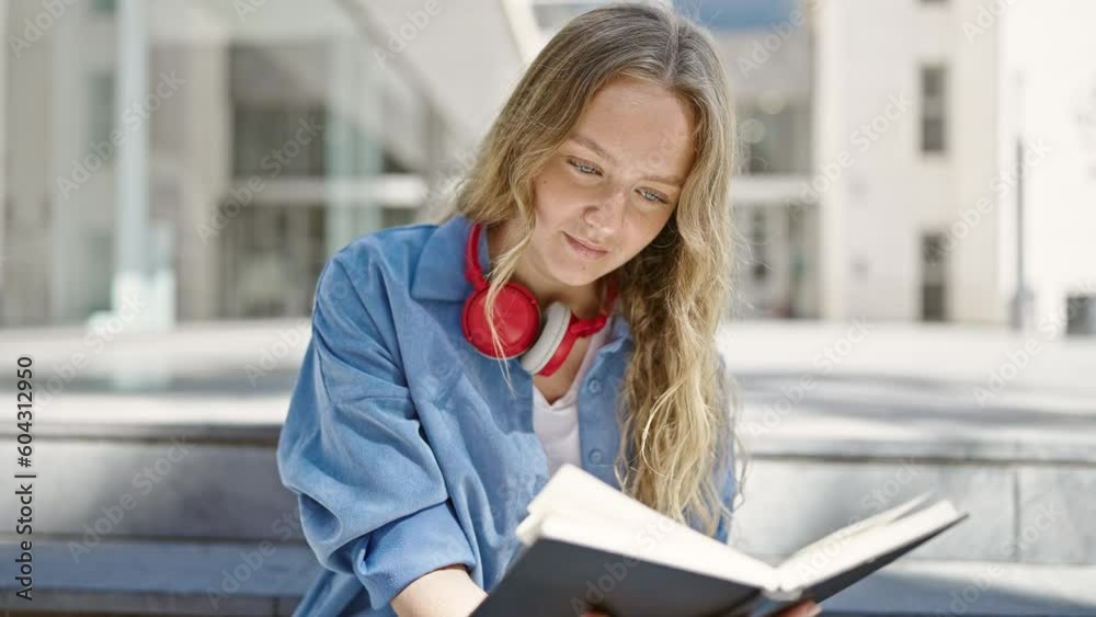 Young blonde woman student reading book sitting on stairs at university Young blonde woman student reading book sitting on stairs at university