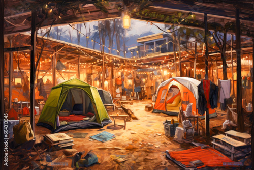 camping street interior view campsite illustration  generative ai