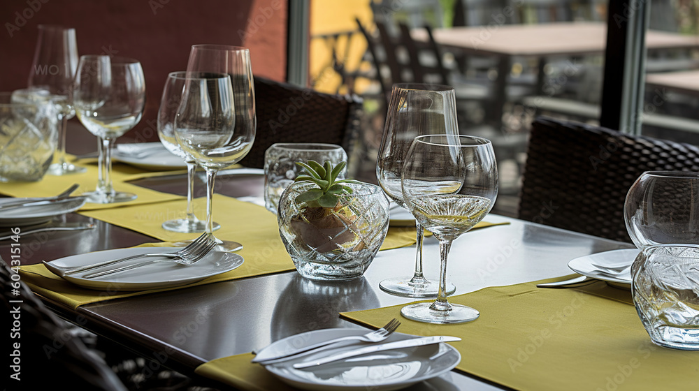 Restaurant tables with silverware and glasses ready for a lunch. Generative AI