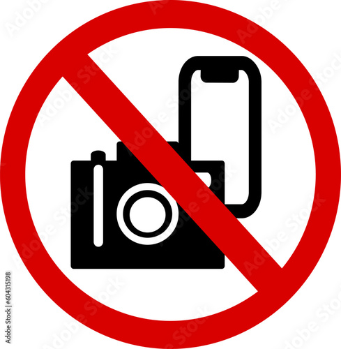 No photography, no camera and cell phone sign, Prohibition symbol sticker for area place. Isolated on white background, Flat design vector illustration. Replaceable vector design.
