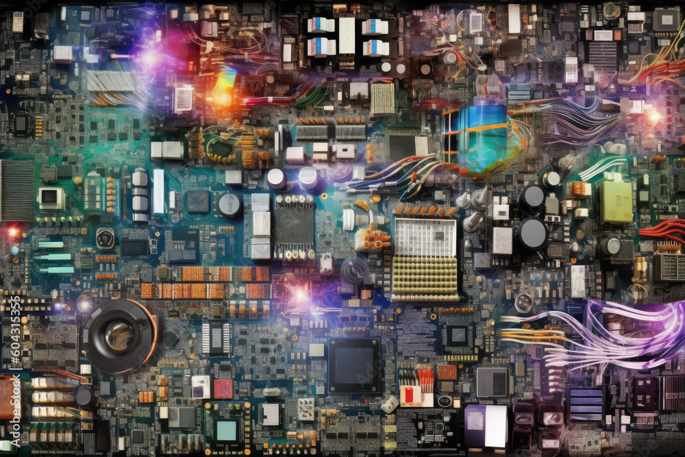 electronic industry collage background, electronic components, generative ai