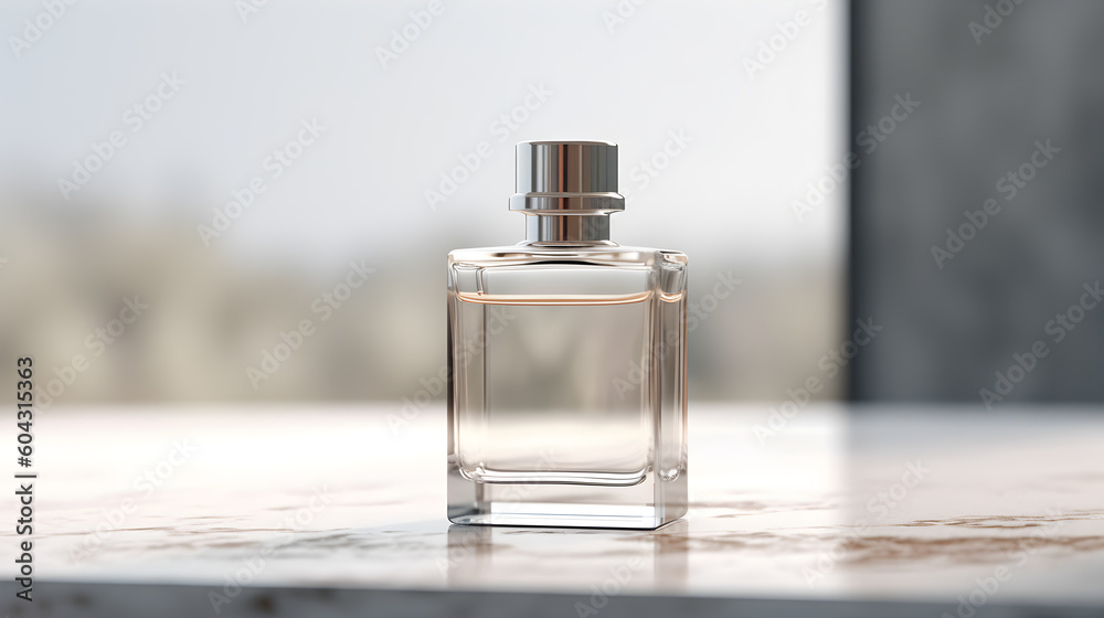 Perfume bottle product shot: white label close-up in a studio setting with soft lighting and a blurred marble background all Created with Generative AI Technology. Perfume bottle product shot: white label close-up in a studio setting with soft lighting and a blurred marble background all Created with Generative AI Technology.