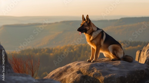 German Shepherd Sitting Next To Landscape, Generative AI © PixelBlender