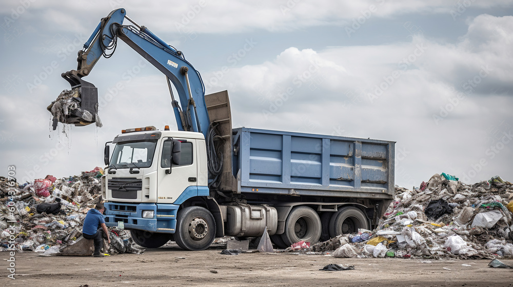 An employee working beside a truck at the dump, A truck picks up garbage from garbage dump. Generative AI An employee working beside a truck at the dump, A truck picks up garbage from garbage dump. Generative AI