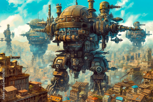 a giant steampunk robot over the city  generative ai