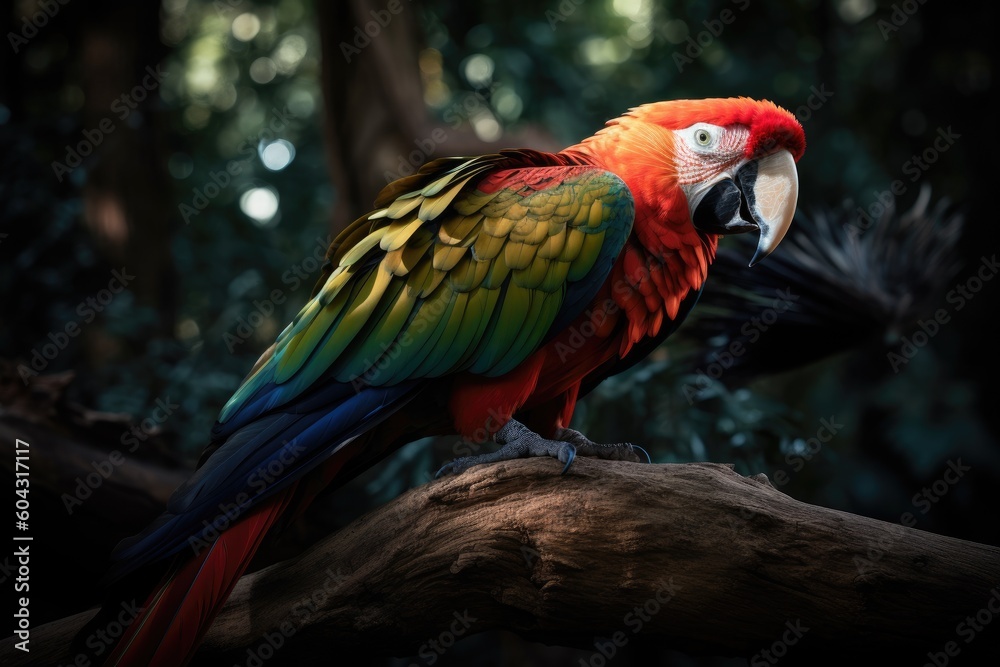 Parrot perched on a branch in the heart of the forest. A captivating wildlife photography that captures the essence of nature. Generative AI