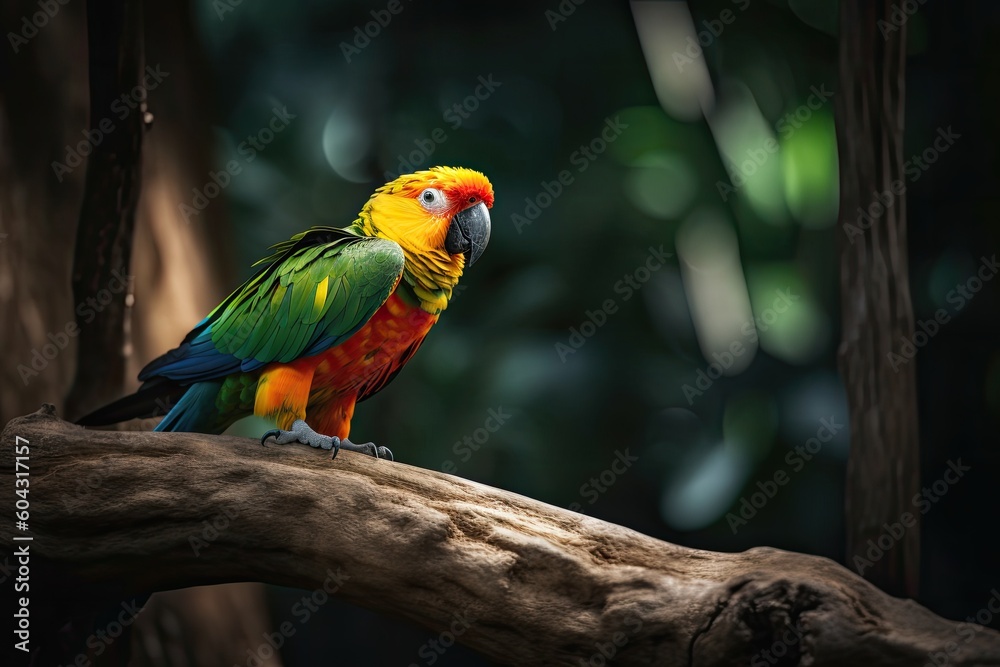 Parrot perched on a branch in the heart of the forest. A captivating wildlife photography that captures the essence of nature. Generative AI Parrot perched on a branch in the heart of the forest. A captivating wildlife photography that captures the essence of nature. Generative AI