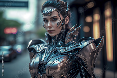 Metallic warrior queen: a powerful representation of futuristic femininity, ai generative