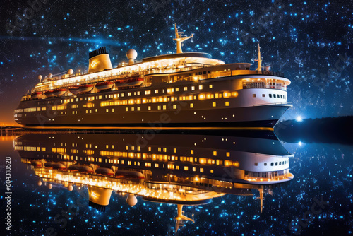 luxury cruise ship with lights reflect, at night with stars in sky, generative ai © VicenSanh