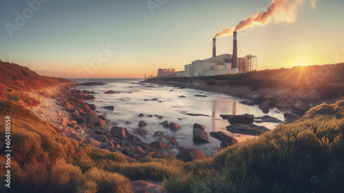 Power station on the coast at sunrise. Global warming concept with colour toning. Generative AI
