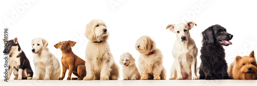 many dogs of different breeds, sizes and colors, looking ahead, white background, generative ai