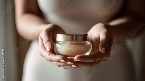 close up of a woman holding a grass container with moisturizer cream photo