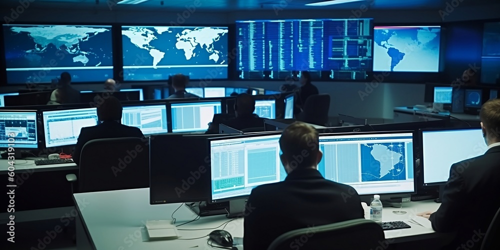 Interior of security operations centre. Secret intelligence service featuring screens and monitors, people in silhouettes monitoring activity of criminals. Specialists of cia. AI digital illustration. - obrazy, fototapety, plakaty 