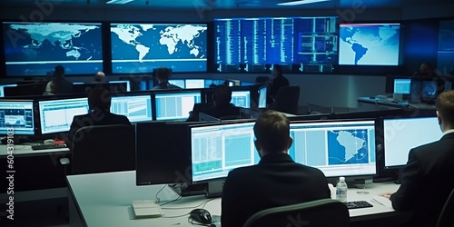 Interior of security operations centre. Secret intelligence service featuring screens and monitors, people in silhouettes monitoring activity of criminals. Specialists of cia. AI digital illustration.