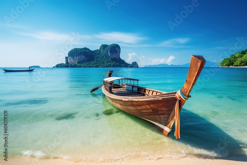Thai traditional wooden longtail boat at tropical beach, rock in the background. Generated AI
