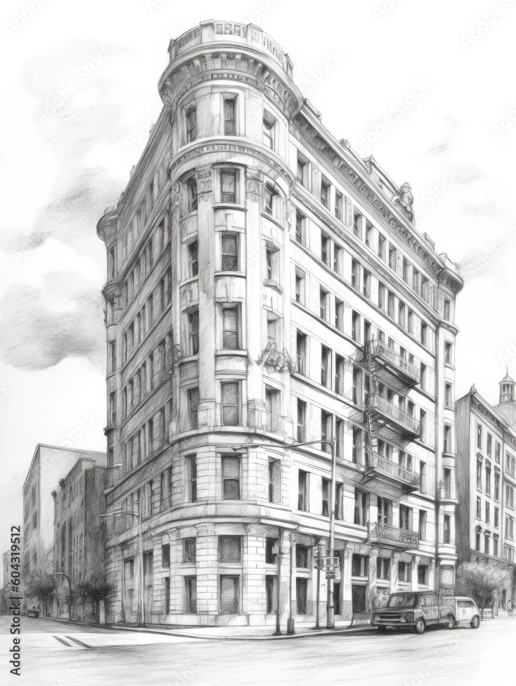 New York Building Style Pencil Drawing