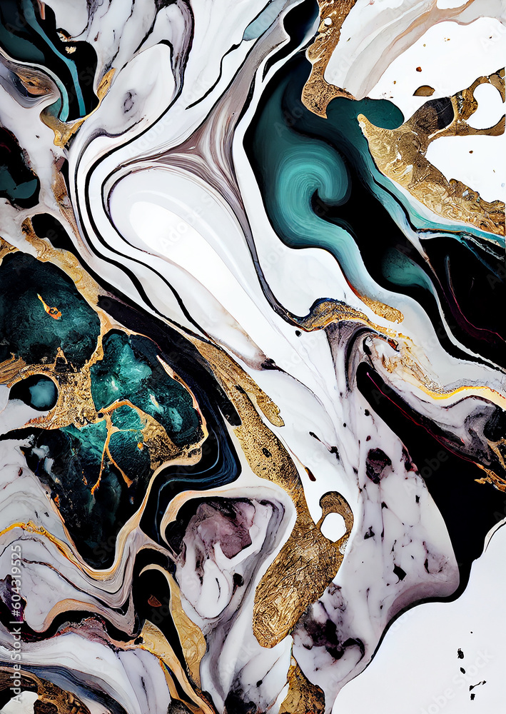 Abstract ink texture, black & white & gold paint background with marble pattern. Alcohol ink colors translucent. High resolution. Generative AI