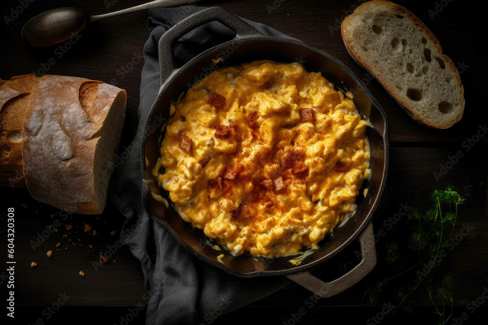 Freshly scrambled eggs in rustic pan on the cooking table. Generative AI Freshly scrambled eggs in rustic pan on the cooking table. Generative AI