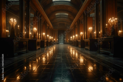 Hall of mirrors, dark, gloomy, ominous, evil presence, mysterious, volumetric lighting. Generative AI