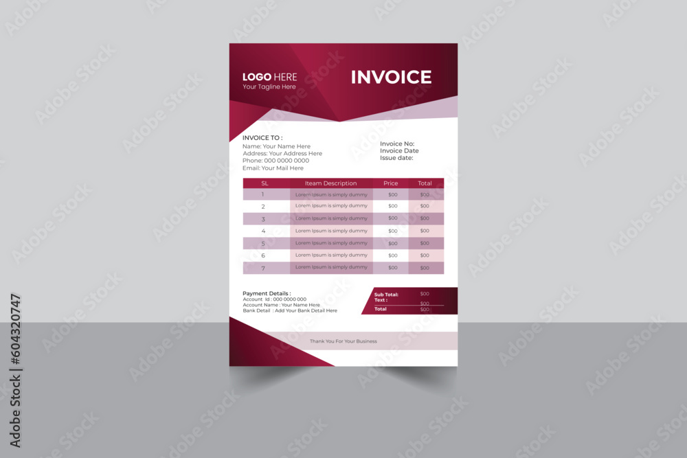Minimal Corporate Business Invoice design template vector illustration bill form price invoice. Creative invoice template vector. business stationery design payment agreement design template Minimal Corporate Business Invoice design template vector illustration bill form price invoice. Creative invoice template vector. business stationery design payment agreement design template