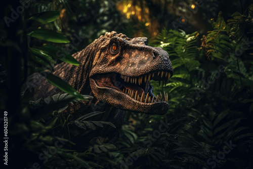 In the midst of a dense jungle  the imposing T rex. Generative AI
