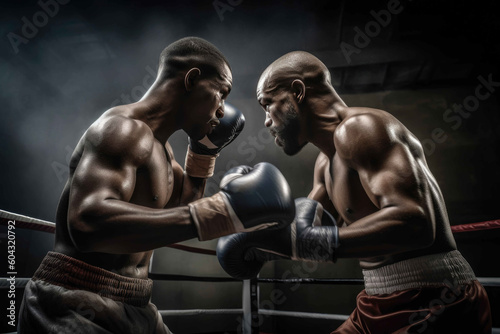 Two boxers in the ring fight each other. Generative AI © Andrii 