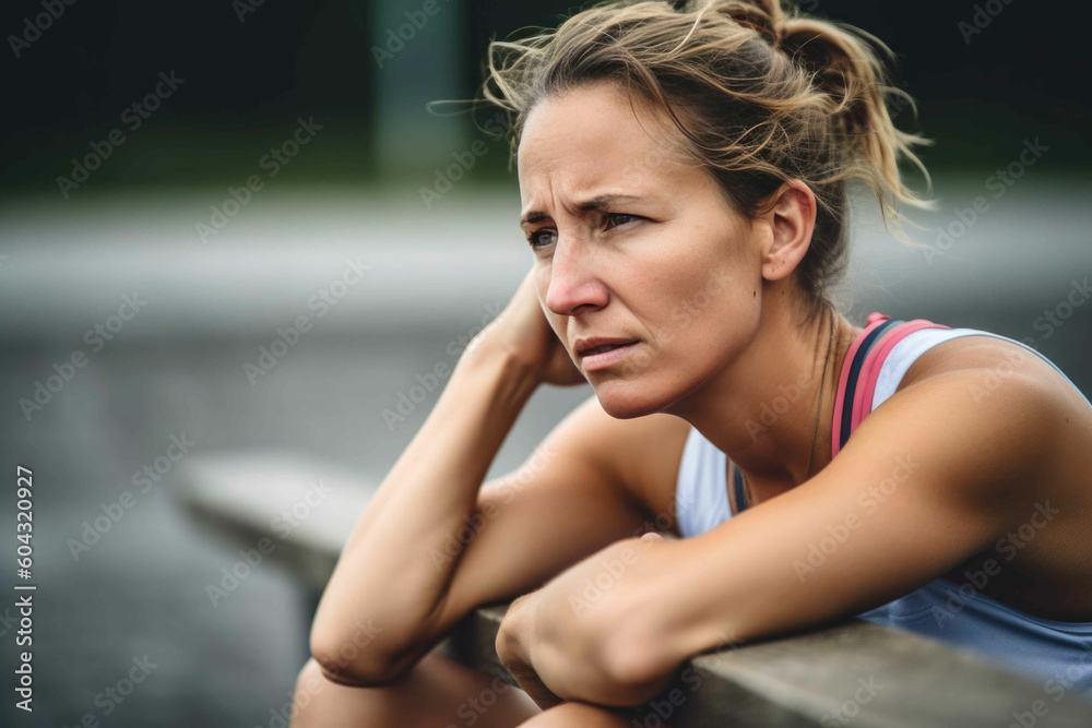 Woman takes a break from her sport and she thinks. Generative AI Woman takes a break from her sport and she thinks. Generative AI