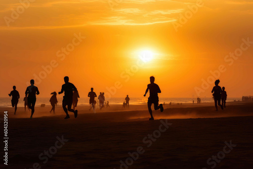 People run with a sunset. Generative AI © Andrii 