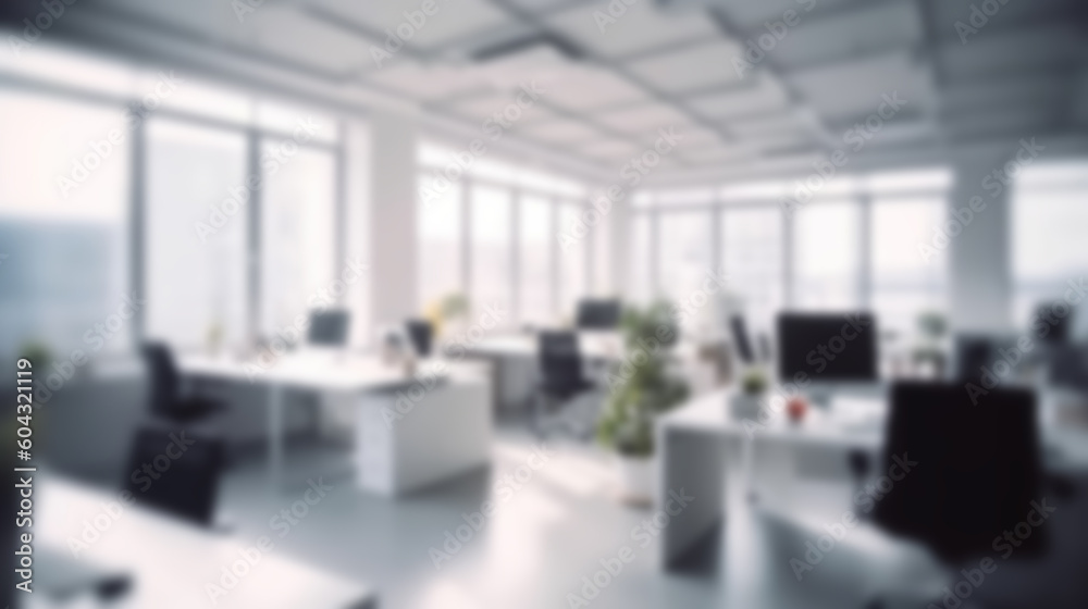 Blurred workplace with cityscape, office in the morning or afternoon, interior for AI generated business presentation background