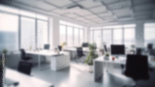 Blurred workplace with cityscape, office in the morning or afternoon, interior for AI generated business presentation background © Dinara