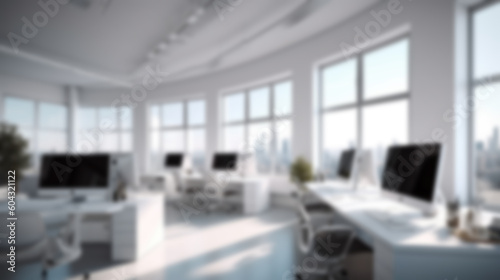 Blurred workplace with cityscape  office in the morning or afternoon  interior for AI generated business presentation background