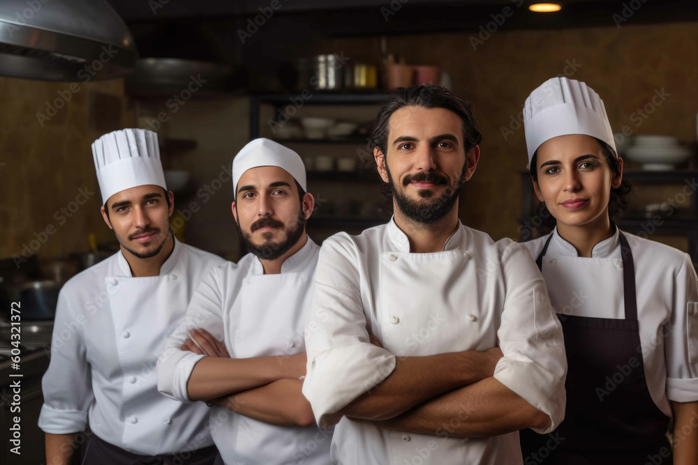 Head chef posing with his team behind him. Generative AI