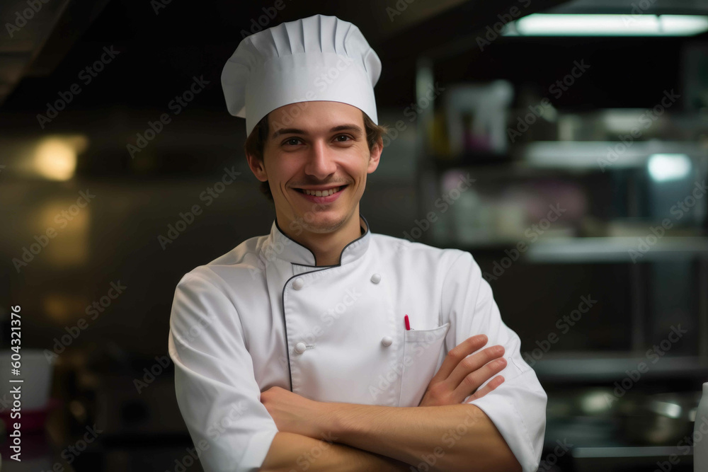 Chef with his arms crossed standing at restaurant kitchen. Generative AI