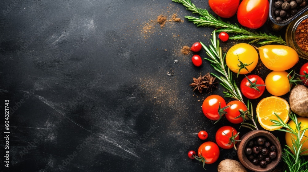 Food background. Top view of olive oil, cherry tomato, herbs and spices on rustic black slate. Generative AI