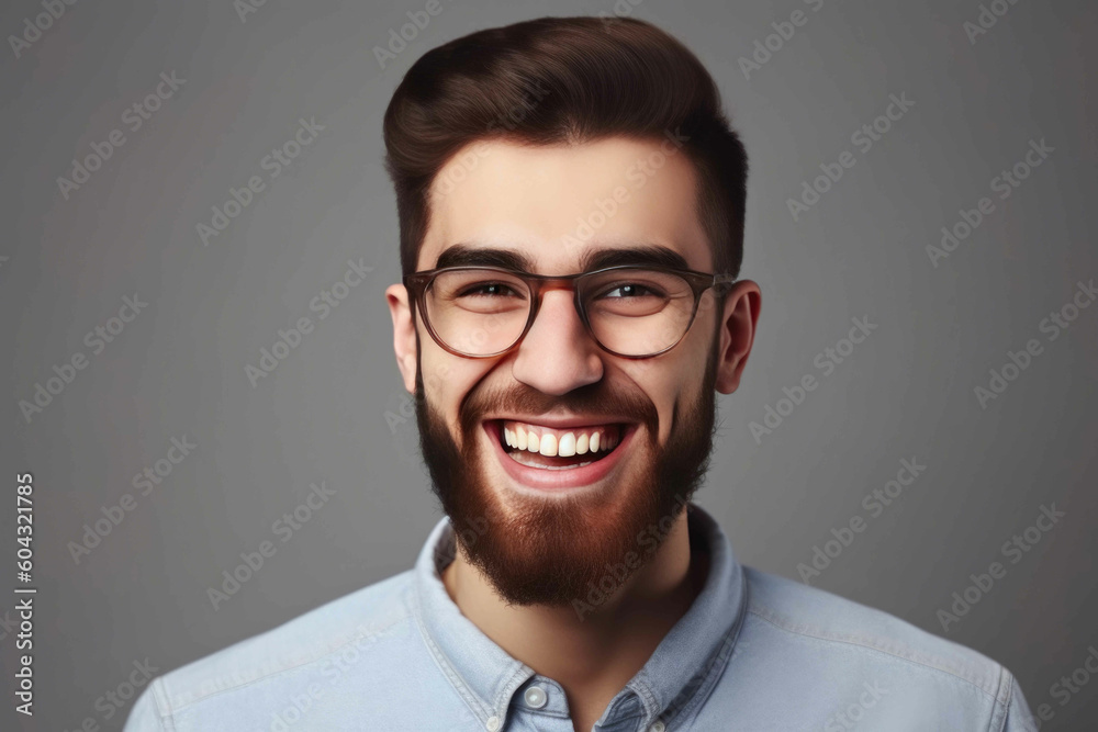 Closeup portrait of happy bearded caucasian guy wearing glasses laughing at camera over grey studio background. Generative AI